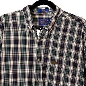 Pendleton Mens Button Up ‎ Short Sleeve Shirt Cotton Plaid Medium Blue Green